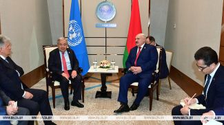 António Guterres and Aleksandr Lukashenko meet in Astana on the margins of the SCO summit. File photo